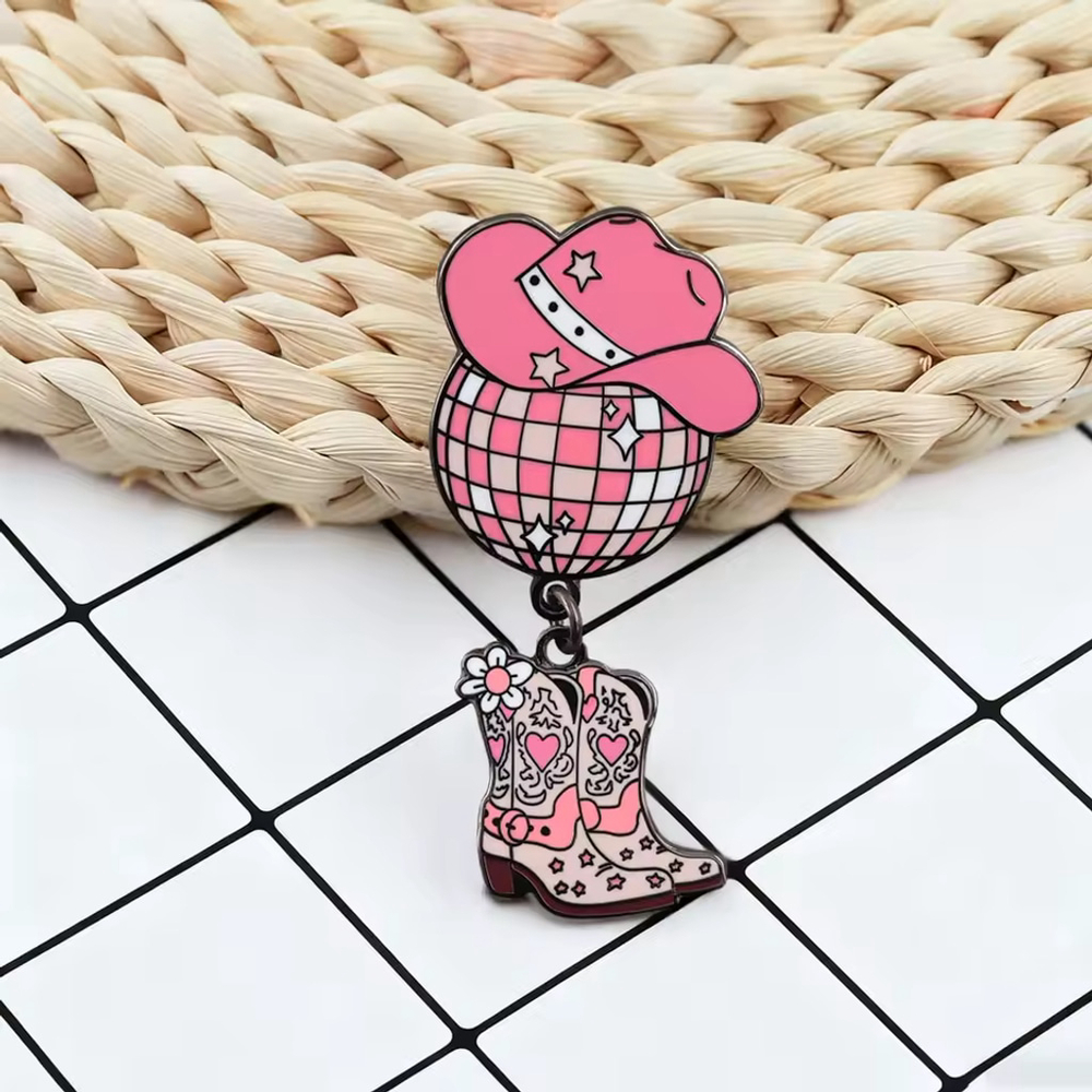 Cute Pink Disco Cowgirl Hat & Cowboy Boots Enamel Pin